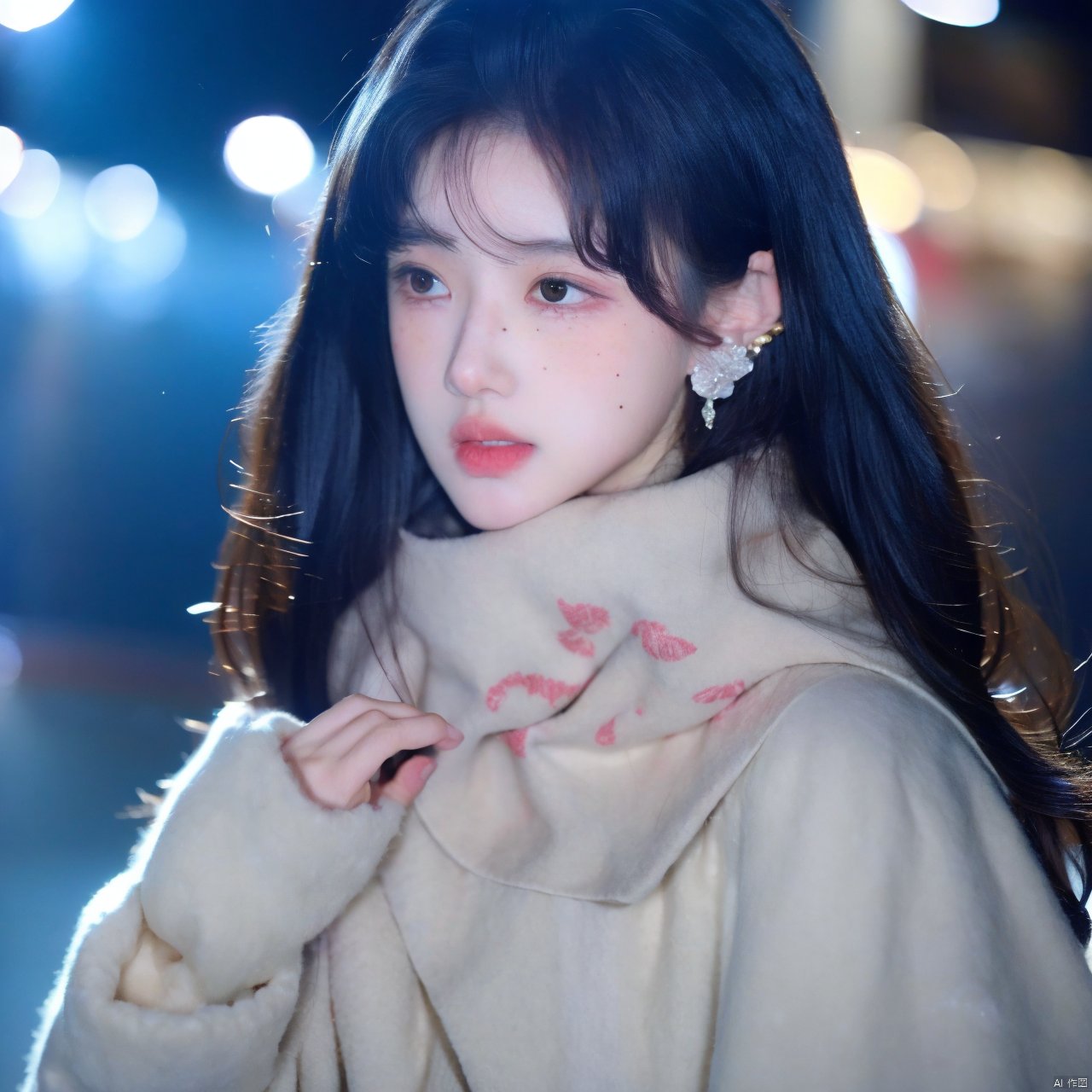 1girl, solo, long hair, looking at viewer, black hair, long sleeves, jewelry, upper body, earrings, parted lips, scarf, mole, blurry, black eyes, lips, piercing, freckles, realistic, nose, A girl with film texture