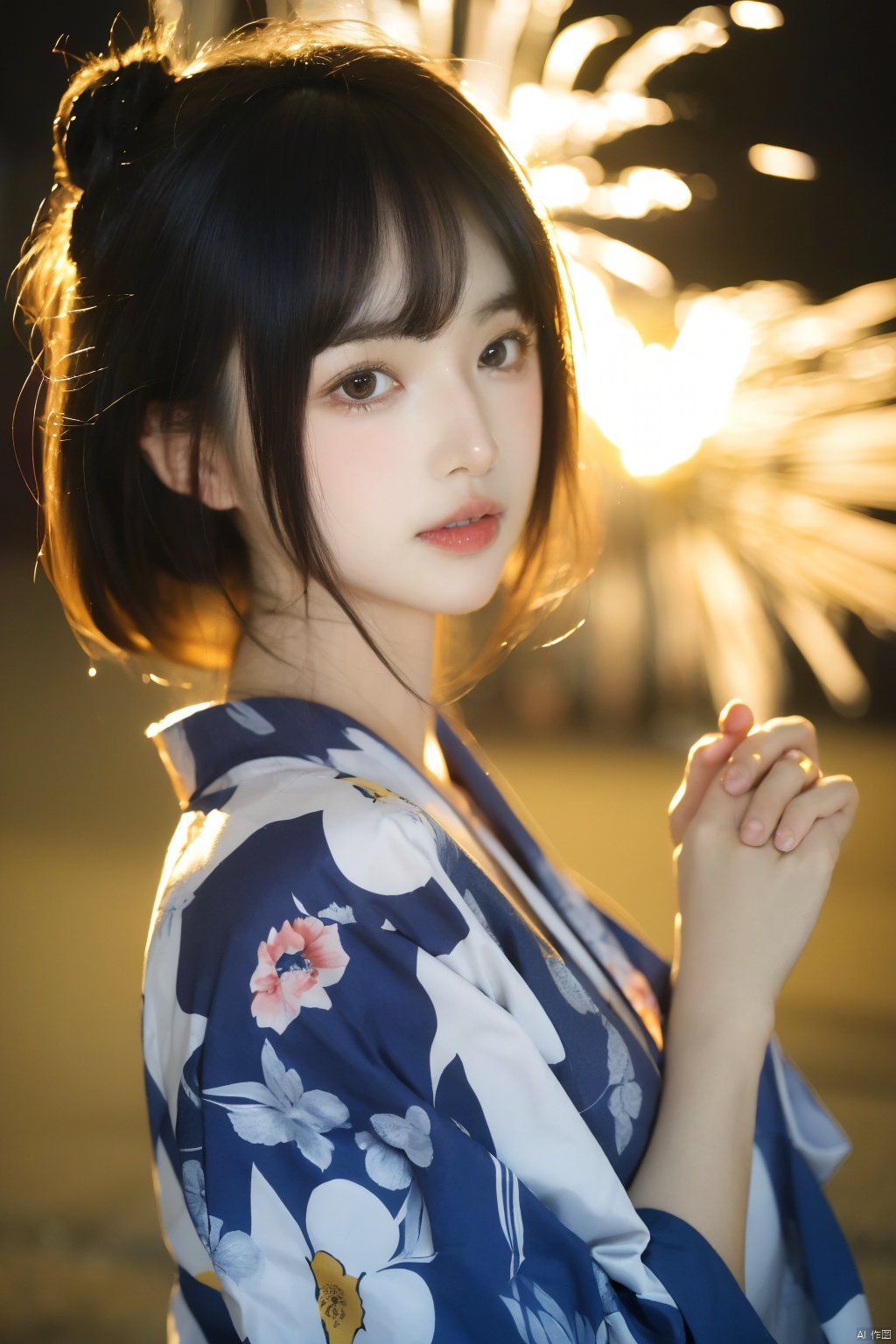  1girl, solo, looking at viewer, short hair, bangs, black hair, upper body, japanese clothes, kimono, black eyes, lips, hands up, floral print, own hands together, yukata, realistic, fireworks