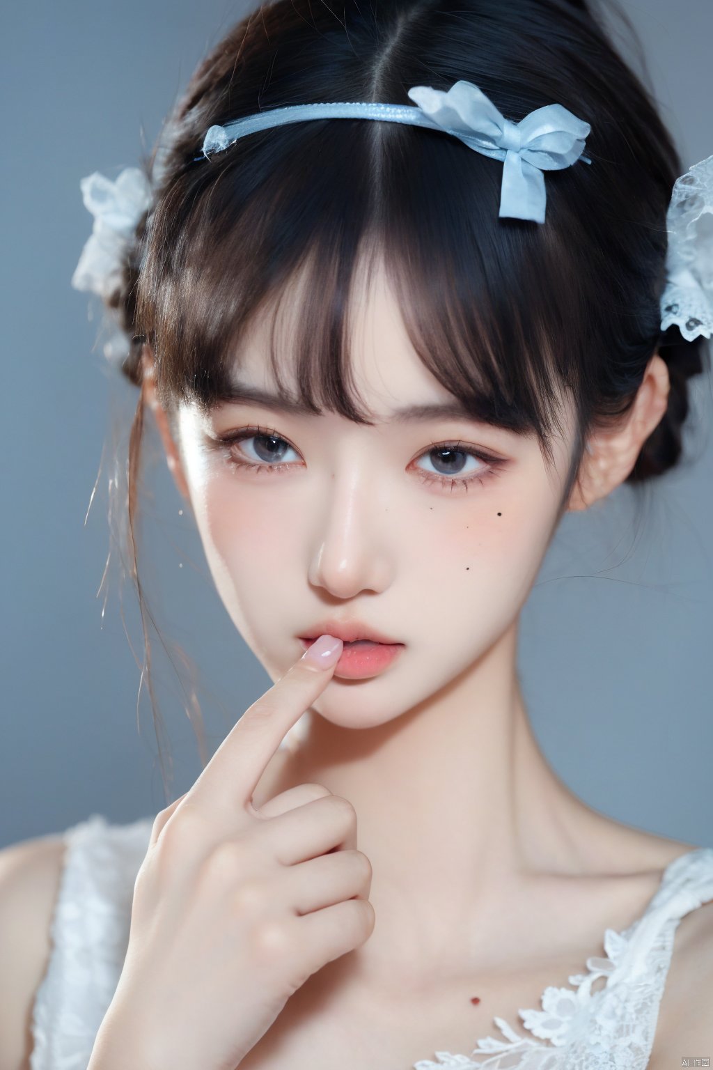  1girl, solo, looking at viewer, short hair, black hair, ribbon, bare shoulders, hair ribbon, parted lips, hand up, grey background, hair bun, mole, black eyes, lips, fingernails, eyelashes, mole under eye, blue ribbon, portrait, finger to mouth, realistic