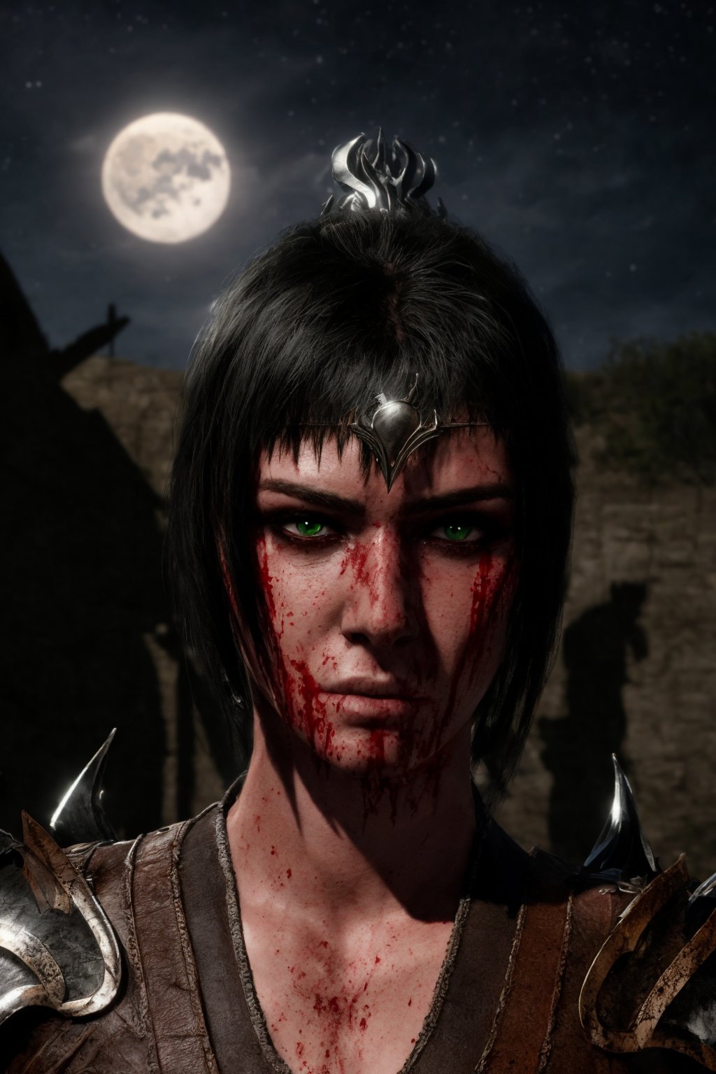 ((shad0wheart)), sh-arm0r, photograph of 1girl, long black hair, bloody face, pale green eyes, scar, armor, fantasy setting, facing toward viewer, portrait, standing in village, night, shadow, UHD, best quality, masterpiece, photorealistic, detailed skin, realistic skin