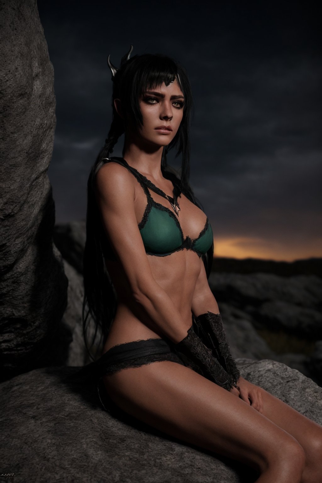 ((shad0wheart)), sh-cl0thes, photograph of 1girl, long black hair, pale green eyes, scar, cleavage, medium breasts, dark fantasy setting, portrait, sitting on a rock, night, UHD, best quality, masterpiece, photorealistic, detailed skin, realistic skin