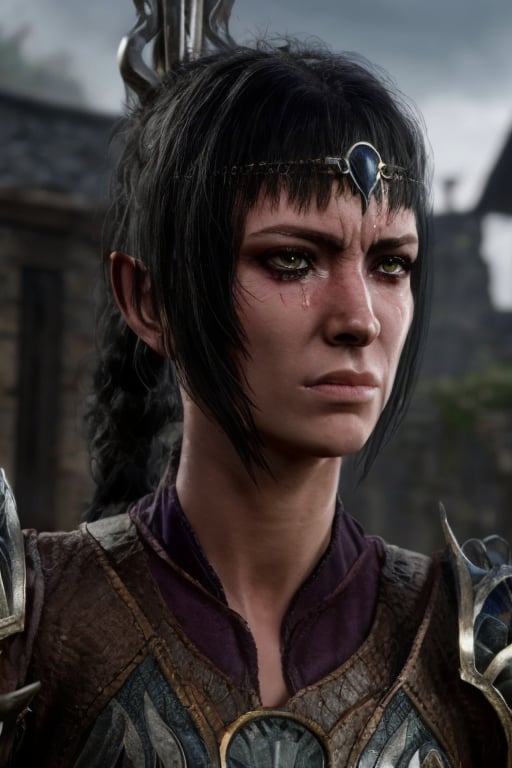 ((shad0wheart)), sh-arm0r, photograph of 1girl crying, long black hair, pale green eyes, scar, armor, fantasy setting, facing toward viewer, portrait, standing in village, UHD, best quality, masterpiece, photorealistic, detailed skin, realistic skin