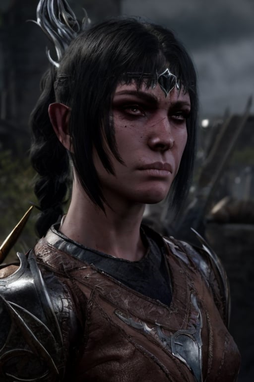 ((shad0wheart)), sh-arm0r, photograph of 1girl, long black hair, bloody face, pale green eyes, scar, armor, fantasy setting, facing toward viewer, portrait, standing in village, UHD, best quality, masterpiece, photorealistic, detailed skin, realistic skin