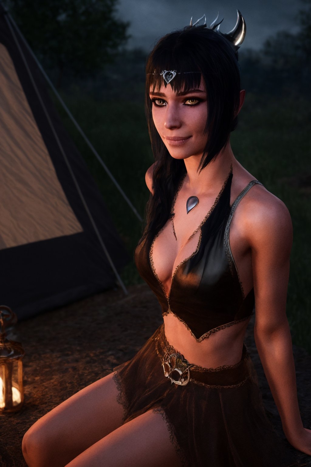 ((shad0wheart)), sh-cl0thes, photograph of 1girl smiling, long black hair, pale green eyes, scar, cleavage, fantasy setting, facing toward viewer, portrait, sitting in camp, night, UHD, best quality, masterpiece, photorealistic, detailed skin, realistic skin