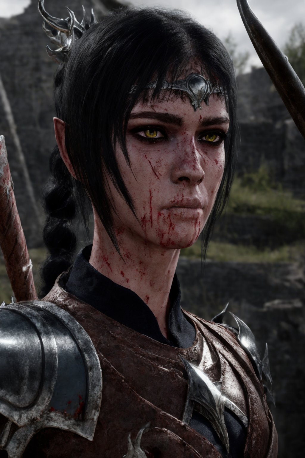 ((shad0wheart)), sh-arm0r, photograph of 1girl, long black hair, bloody face, pale green eyes, scar, armor, fantasy setting, facing toward viewer, portrait, standing in village, UHD, best quality, masterpiece, photorealistic, detailed skin, realistic skin