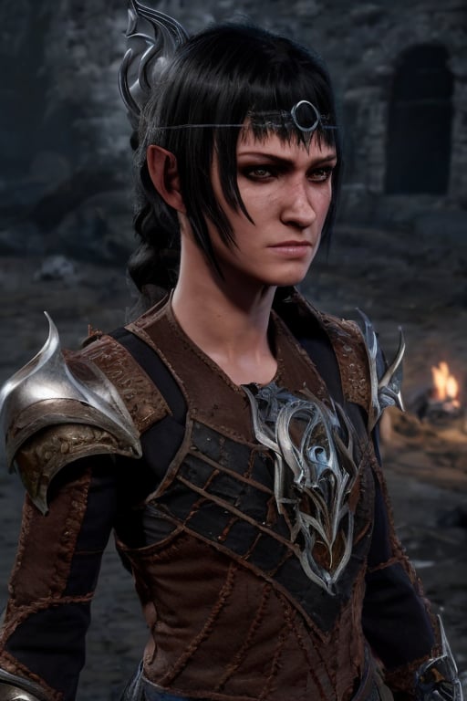 ((shad0wheart)), sh-arm0r, photograph of 1girl, long black hair, pale green eyes, scar, armor, fantasy setting, facing toward viewer, portrait, standing in village, UHD, best quality, masterpiece, photorealistic, detailed skin, realistic skin