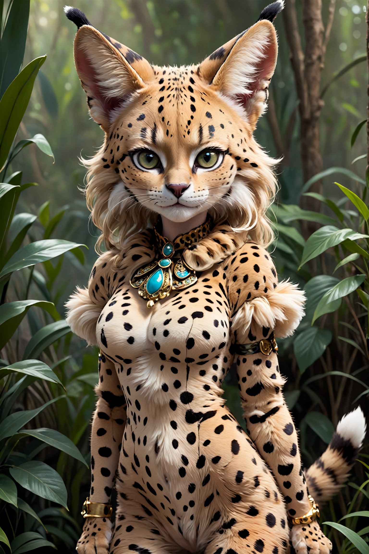  personified serval cat girl, embodying the grace, curiosity, and independence of her feline counterpart. With soft, spotted fur and expressive eyes, she captivates with her playful charm and alertness. Adorned in a whimsical ensemble inspired by the African savannah, she exudes a blend of wild beauty and human-like personality,catgirl