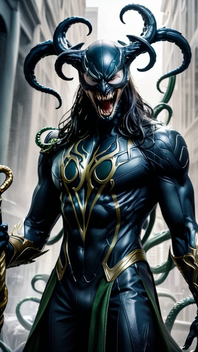 loki look like venom,with loki staff in hand, tentacles all over,photorealistic 