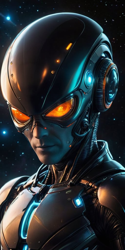 Generate hyper realistic image of a solo alien male figure, surrounded by the emptiness of space. His orange eyes, glowing within a high-tech helmet, create an intriguing and blurred focus. The robotic elements enhance the science fiction aesthetic, portraying him as a lone explorer navigating the vast unknown with an enigmatic presence.