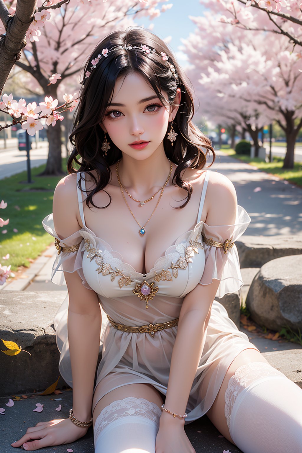 (,1girl, pov,best quality), ((jewelry, earrings, necklace, looking at viewer, facing viewer, outdoors, cherry blossoms)), ultra realistic 8k cg, flawless, clean, masterpiece, professional artwork, famous artwork, cinematic lighting, cinematic bloom, perfect face, beautiful face, fantasy, dreamlike, unreal, science fiction, lace, lace trim, lace-trimmed legwear, luxury, jewelry, diamond, gold, pearl, gem, sapphire, ruby, emerald, intricate detail, delicate pattern, charming, alluring, seductive, erotic, enchanting, hair ornament, necklace, earrings, bracelet, armlet,halo,autumn leaves