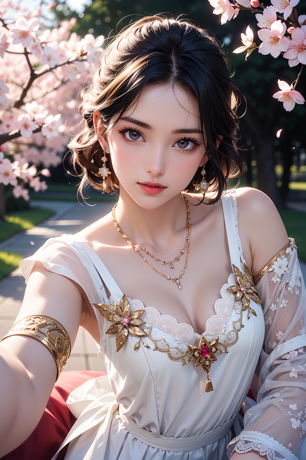 (,1girl, pov,best quality), ((jewelry, earrings, necklace, looking at viewer, facing viewer, outdoors, cherry blossoms)), ultra realistic 8k cg, flawless, clean, masterpiece, professional artwork, famous artwork, cinematic lighting, cinematic bloom, perfect face, beautiful face, fantasy, dreamlike, unreal, science fiction, lace, lace trim, lace-trimmed legwear, luxury, jewelry, diamond, gold, pearl, gem, sapphire, ruby, emerald, intricate detail, delicate pattern, charming, alluring, seductive, erotic, enchanting, hair ornament, necklace, earrings, bracelet, armlet,halo,autumn leaves