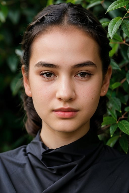 A detailed portrait of a young woman exuding elegance and natural grace. She has a voluminous updo hairstyle with wisps of hair tenderly framing her face. Her hazel eyes are accentuated by tasteful makeup, with a few light freckles across her nose and cheeks. She wears a high-necked black top, suggesting a blend of casual refinement. The lighting should illuminate her face against a subdued background, emphasizing her calm and confident expression. High Fashion, dynamic, dramatic, elegant, High fashion Vogue cover Dramatic photography, supermodel, avant garde style,naura_ayu,4manda,yasamin,gaby_rose,dilraba,yasmin,yoona,bul4n