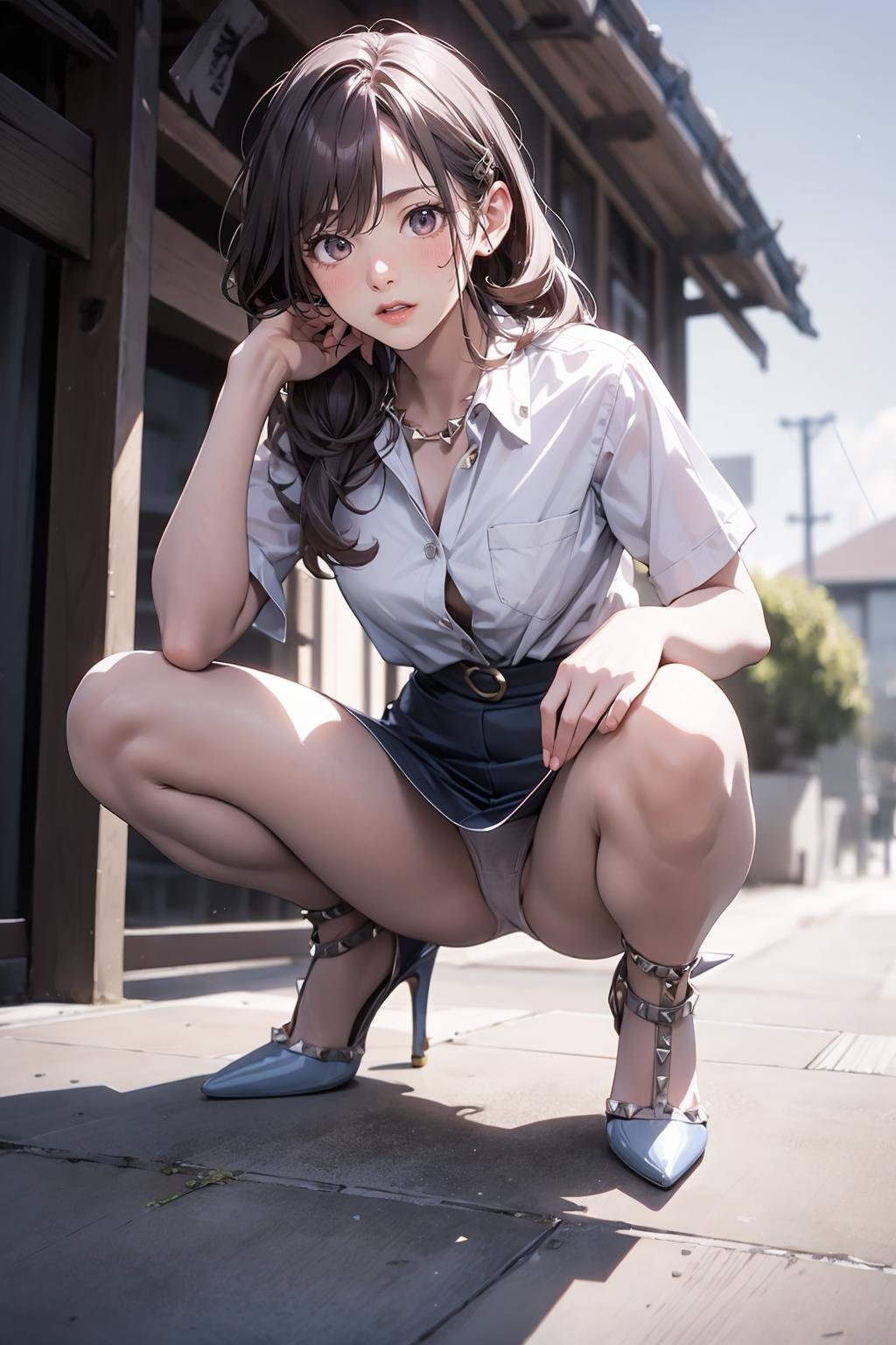 solo,1girl,outdoors,<lora:0360 Valentino strappy high heels_v1:1>,ruanyi0360,high heels,spikes,full body,pencil skirt,white shirt,squatting cowgirl position,spread legs,strappy heels,white panties,, best quality,masterpiece,highres,official art,extremely detailed cg unity 8k wallpaper