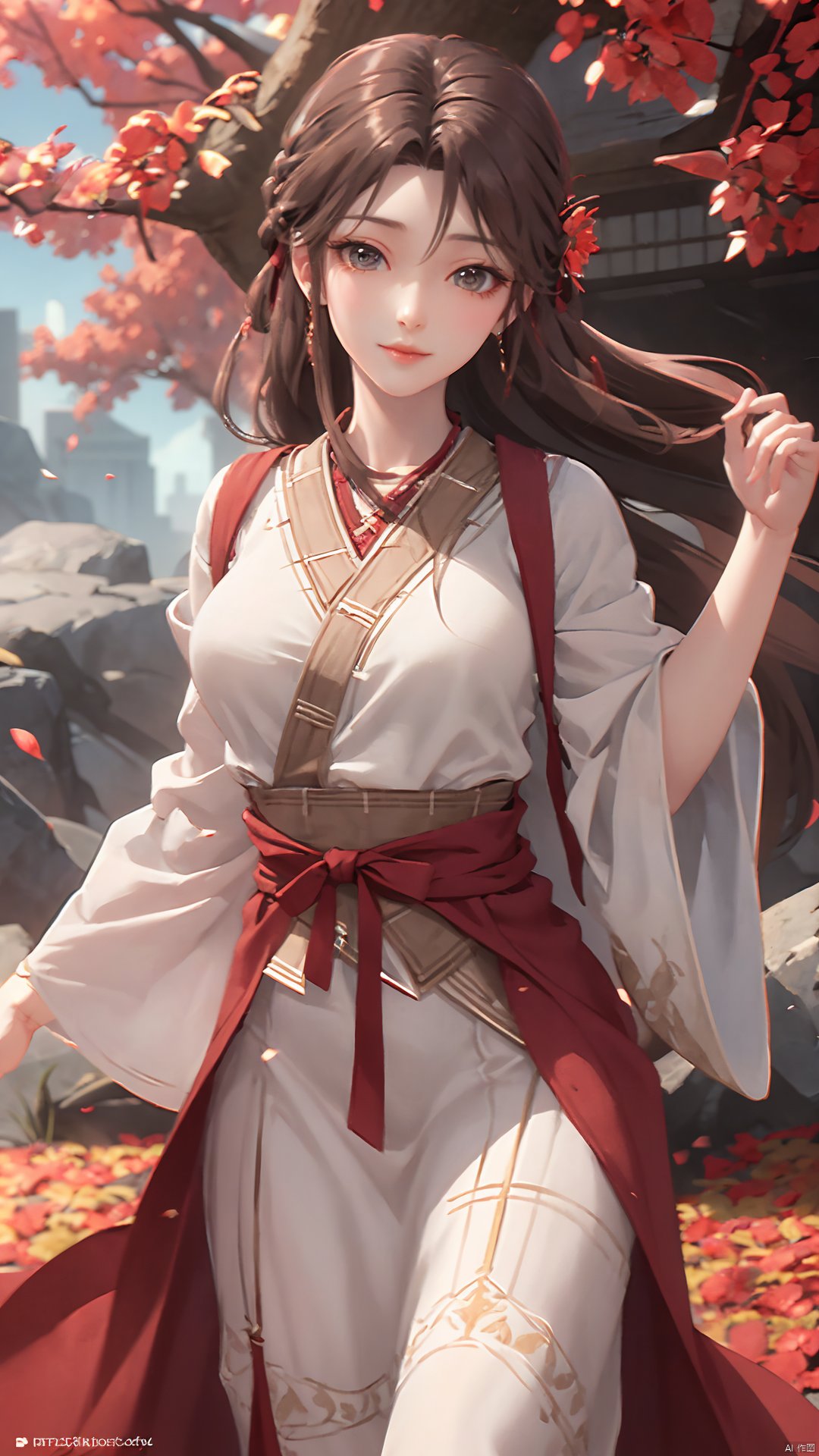 1girl, solo, brown hair, hair ornament, braid, long hair, wide sleeves, looking at viewer, brown eyes, jewelry, hair flower, long sleeves, sash, dress, mischevious smile, perfect body, scenery, sharp focus, best quality, masterpiece, detailed outfit, illustration, perfect eyes, finely detailed beautiful anime eyes, realistic skin, intricate details, best lighting, depth of field, ultra high resolution,cowboy_shot, dynamic pose, dynamic angle,