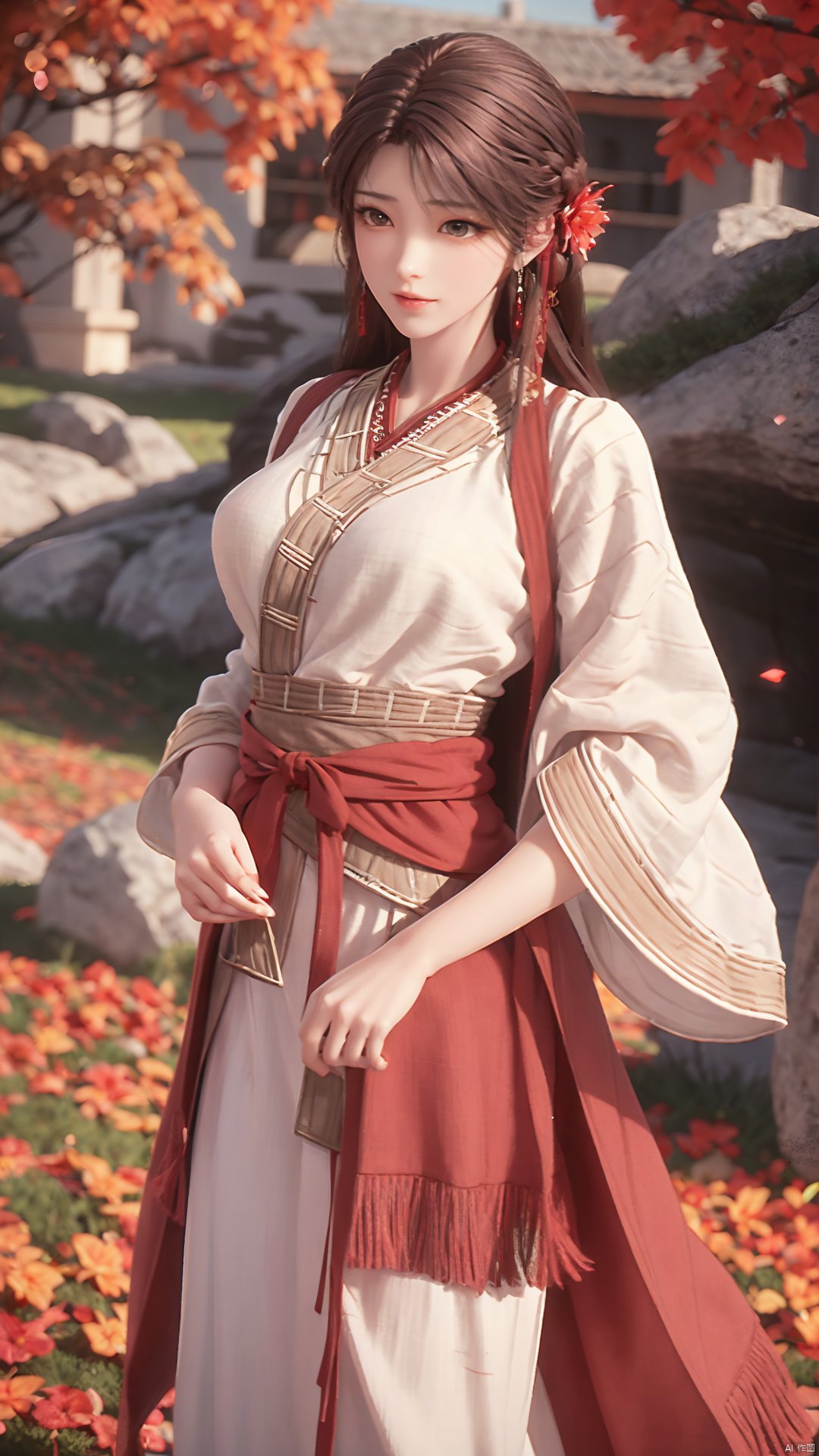 1girl, solo, brown hair, hair ornament, braid, long hair, wide sleeves, looking at viewer, brown eyes, jewelry, hair flower, long sleeves, sash, dress, mischevious smile, perfect body, scenery, sharp focus, best quality, masterpiece, detailed outfit, illustration, perfect eyes, finely detailed beautiful anime eyes, realistic skin, intricate details, best lighting, depth of field, ultra high resolution,cowboy_shot, dynamic pose, dynamic angle,