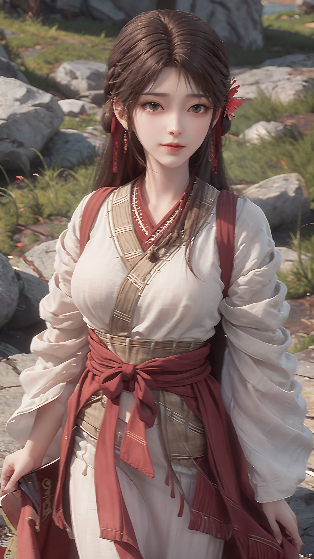 1girl, solo, brown hair, hair ornament, braid, long hair, wide sleeves, looking at viewer, brown eyes, jewelry, hair flower, long sleeves, sash, dress, mischevious smile, perfect body, scenery, sharp focus, best quality, masterpiece, detailed outfit, illustration, perfect eyes, finely detailed beautiful anime eyes, realistic skin, intricate details, best lighting, depth of field, ultra high resolution,cowboy_shot, dynamic pose, dynamic angle,