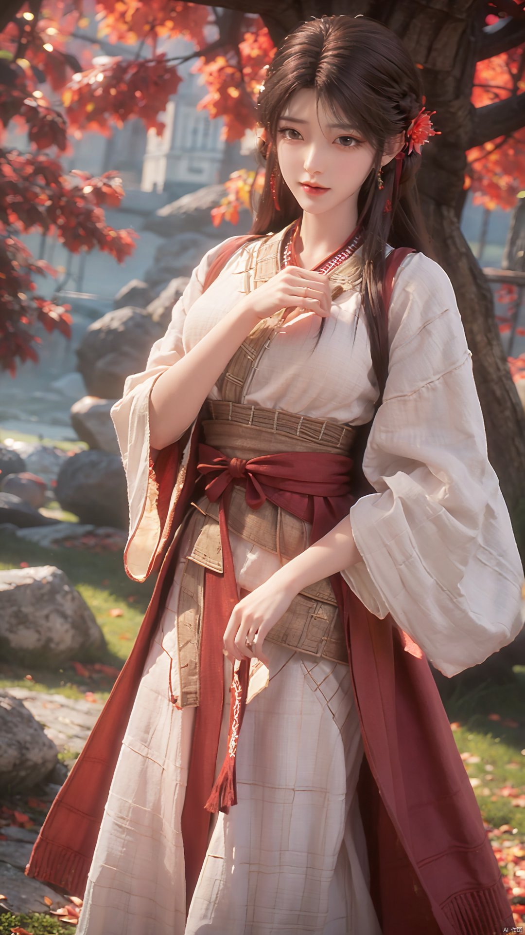 1girl, solo, brown hair, hair ornament, braid, long hair, wide sleeves, looking at viewer, brown eyes, jewelry, hair flower, long sleeves, sash, dress, mischevious smile, perfect body, scenery, sharp focus, best quality, masterpiece, detailed outfit, illustration, perfect eyes, finely detailed beautiful anime eyes, realistic skin, intricate details, best lighting, depth of field, ultra high resolution,cowboy_shot, dynamic pose, dynamic angle,