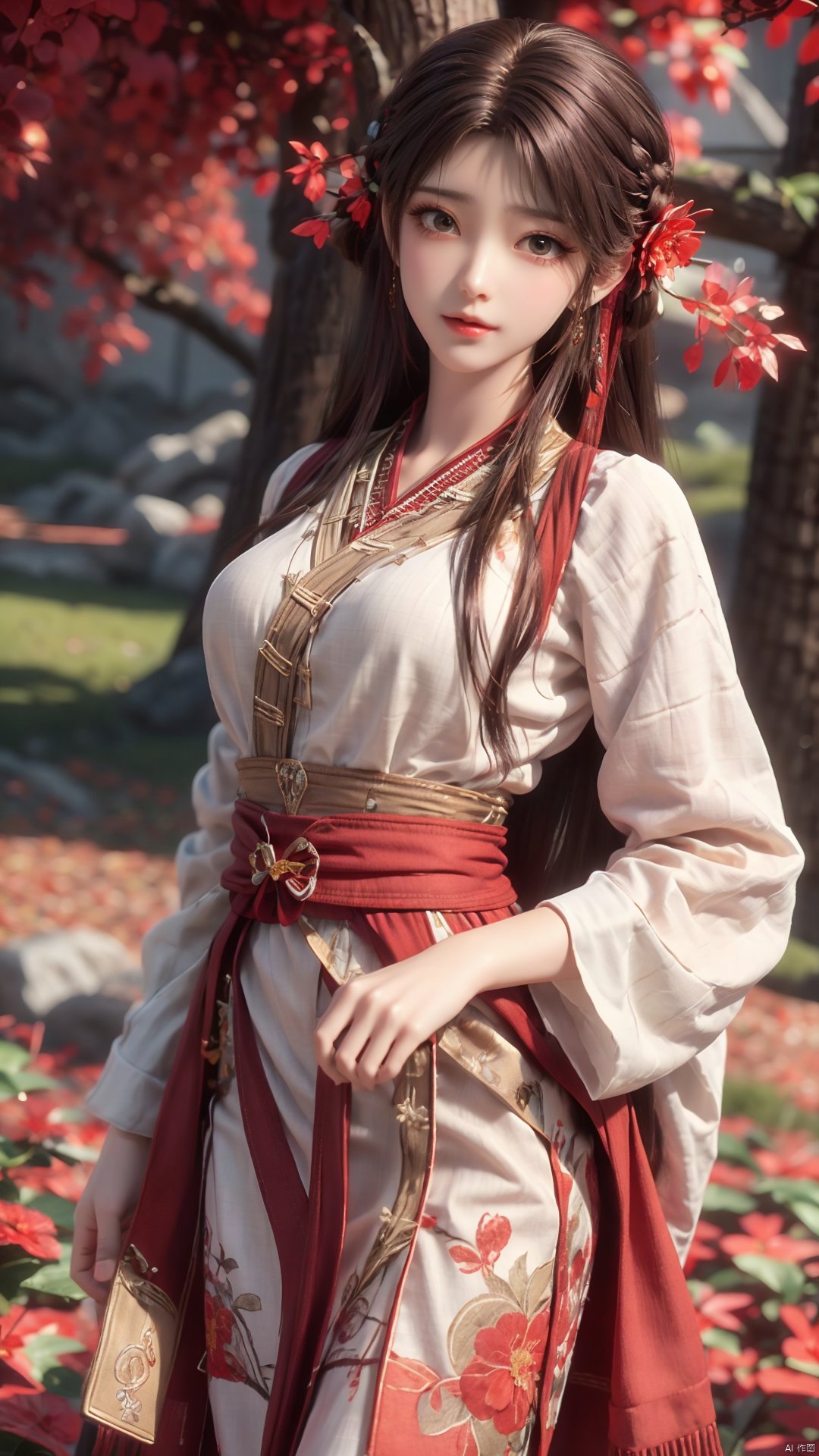 1girl, solo, brown hair, hair ornament, braid, long hair, wide sleeves, looking at viewer, brown eyes, jewelry, hair flower, long sleeves, sash, dress, mischevious smile, perfect body, scenery, sharp focus, best quality, masterpiece, detailed outfit, illustration, perfect eyes, finely detailed beautiful anime eyes, realistic skin, intricate details, best lighting, depth of field, ultra high resolution,cowboy_shot, dynamic pose, dynamic angle,