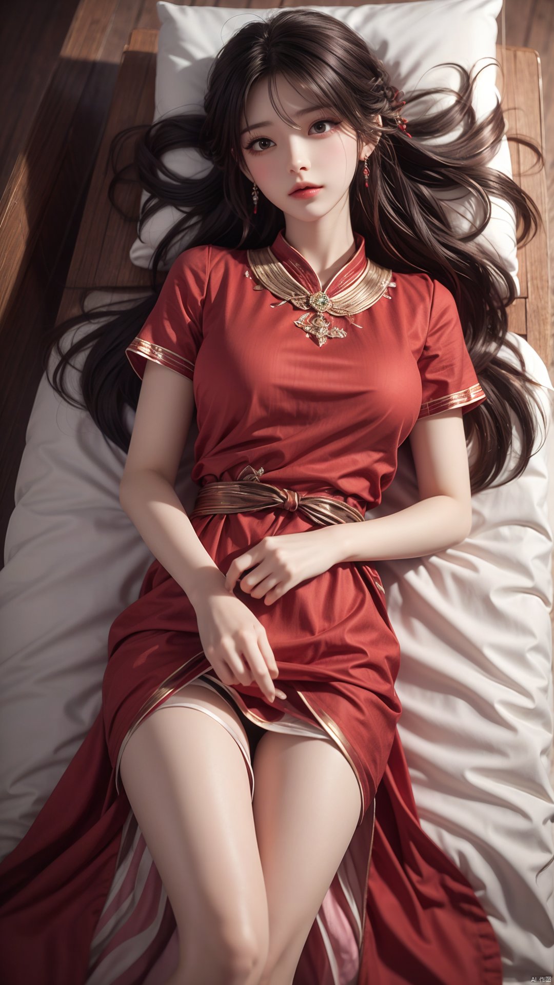  1girl, solo, long hair, breasts, looking at viewer, black hair, hair ornament, dress, jewelry, closed mouth, short sleeves, earrings, lying, bed, on back,