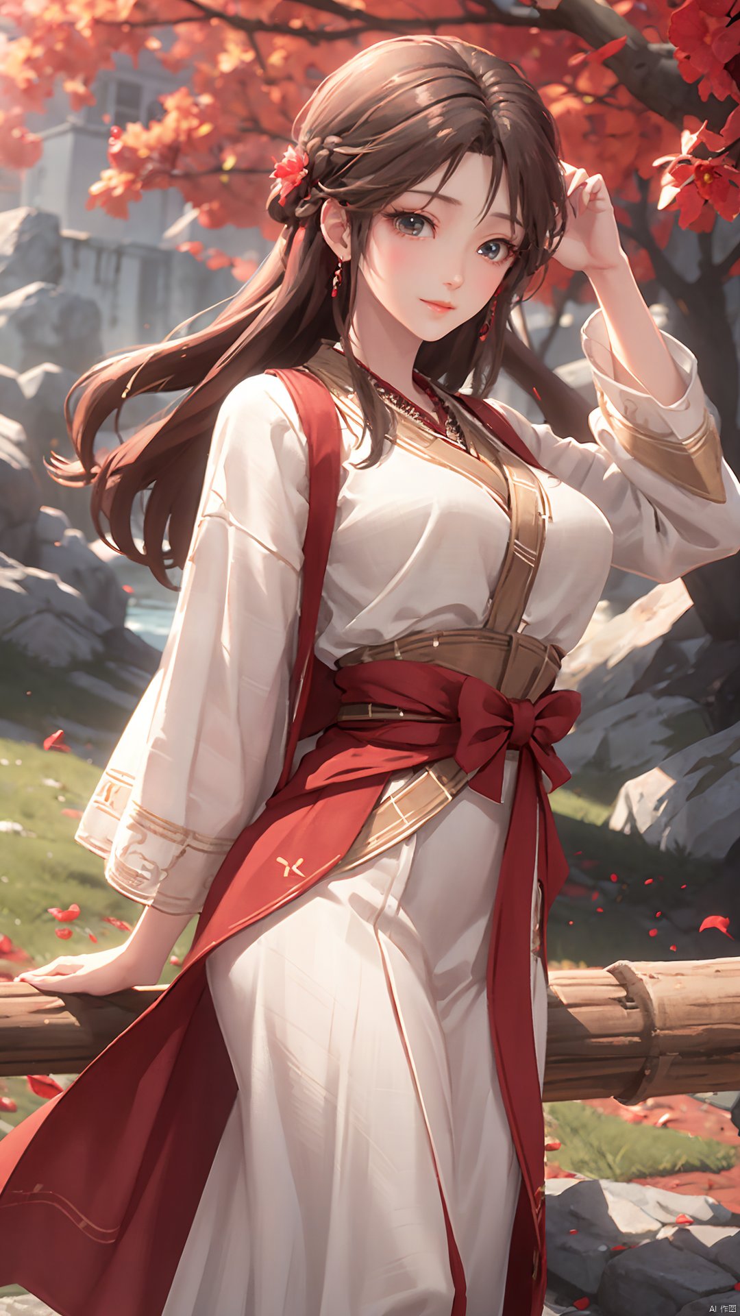 1girl, solo, brown hair, hair ornament, braid, long hair, wide sleeves, looking at viewer, brown eyes, jewelry, hair flower, long sleeves, sash, dress, mischevious smile, perfect body, scenery, sharp focus, best quality, masterpiece, detailed outfit, illustration, perfect eyes, finely detailed beautiful anime eyes, realistic skin, intricate details, best lighting, depth of field, ultra high resolution,cowboy_shot, dynamic pose, dynamic angle,