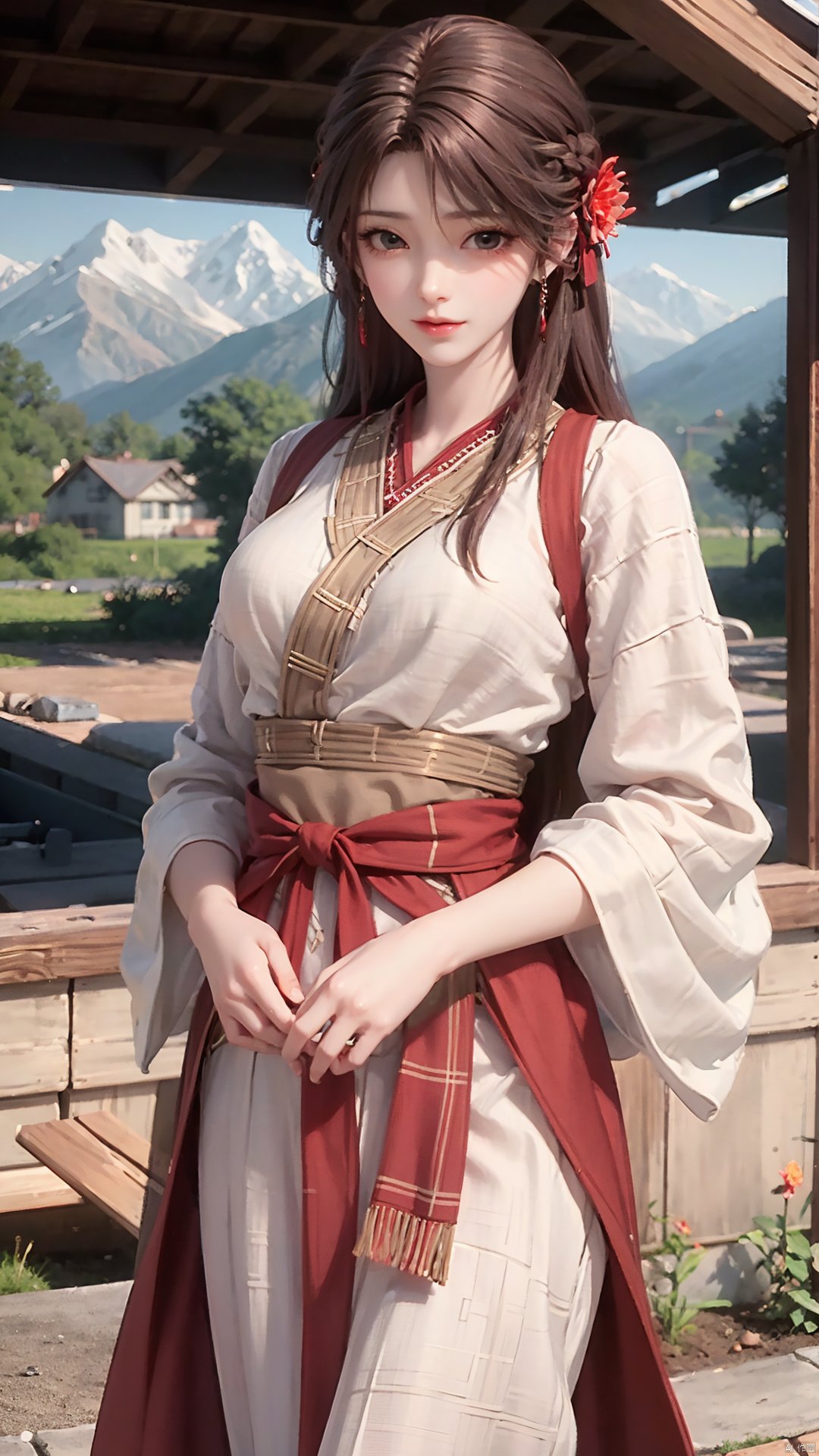 1girl, solo, brown hair, hair ornament, braid, long hair, wide sleeves, looking at viewer, brown eyes, jewelry, hair flower, long sleeves, sash, dress, mischevious smile, perfect body, scenery, sharp focus, best quality, masterpiece, detailed outfit, illustration, perfect eyes, finely detailed beautiful anime eyes, realistic skin, intricate details, best lighting, depth of field, ultra high resolution,cowboy_shot, dynamic pose, dynamic angle,