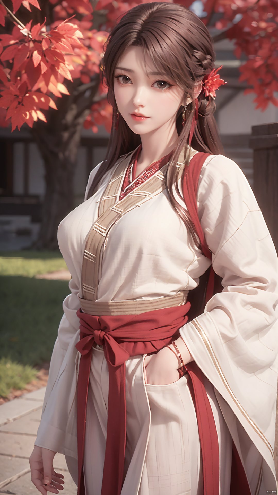 1girl, solo, brown hair, hair ornament, braid, long hair, wide sleeves, looking at viewer, brown eyes, jewelry, hair flower, long sleeves, sash, dress, mischevious smile, perfect body, scenery, sharp focus, best quality, masterpiece, detailed outfit, illustration, perfect eyes, finely detailed beautiful anime eyes, realistic skin, intricate details, best lighting, depth of field, ultra high resolution,cowboy_shot, dynamic pose, dynamic angle,