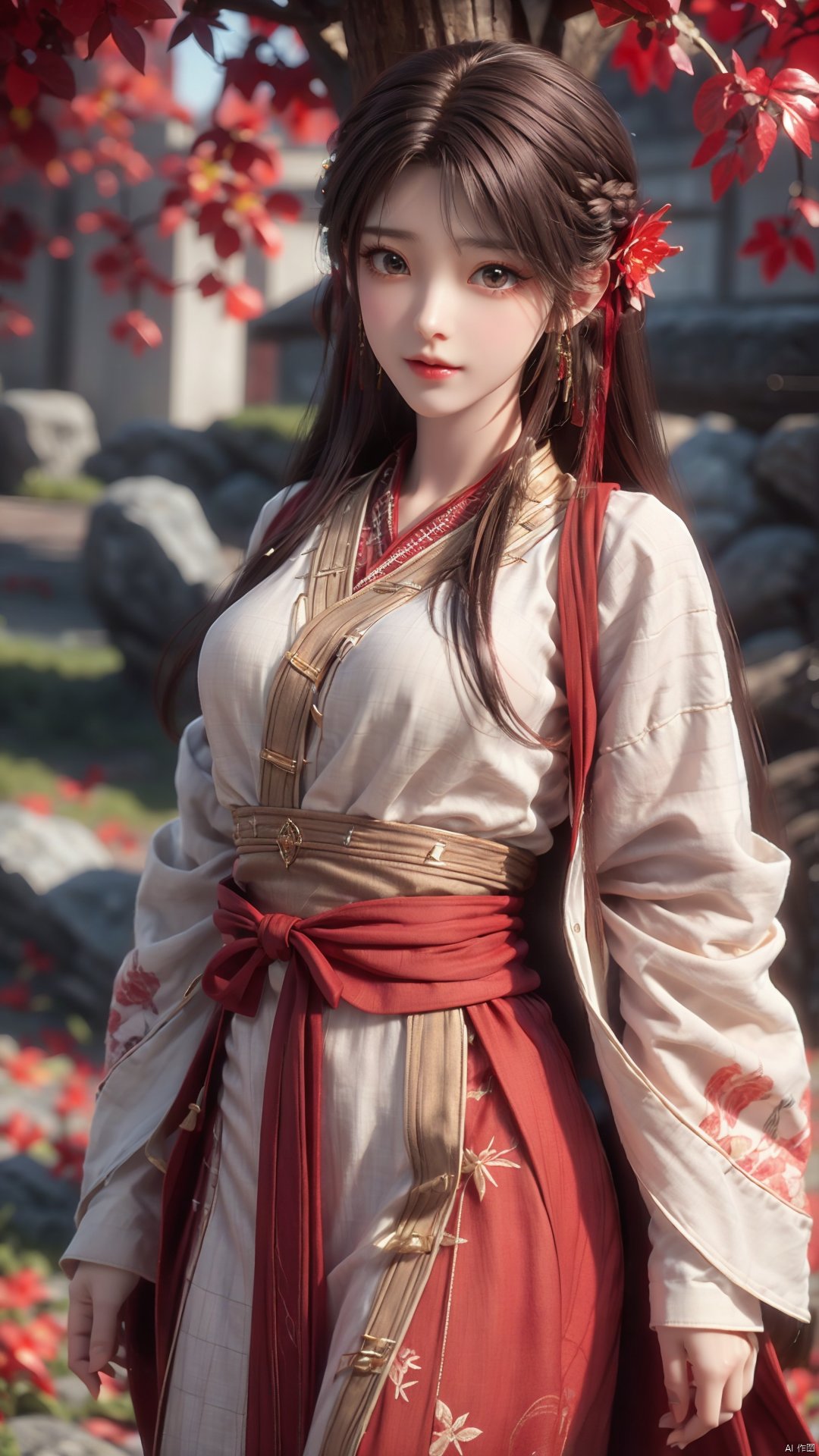 1girl, solo, brown hair, hair ornament, braid, long hair, wide sleeves, looking at viewer, brown eyes, jewelry, hair flower, long sleeves, sash, dress, mischevious smile, perfect body, scenery, sharp focus, best quality, masterpiece, detailed outfit, illustration, perfect eyes, finely detailed beautiful anime eyes, realistic skin, intricate details, best lighting, depth of field, ultra high resolution,cowboy_shot, dynamic pose, dynamic angle,