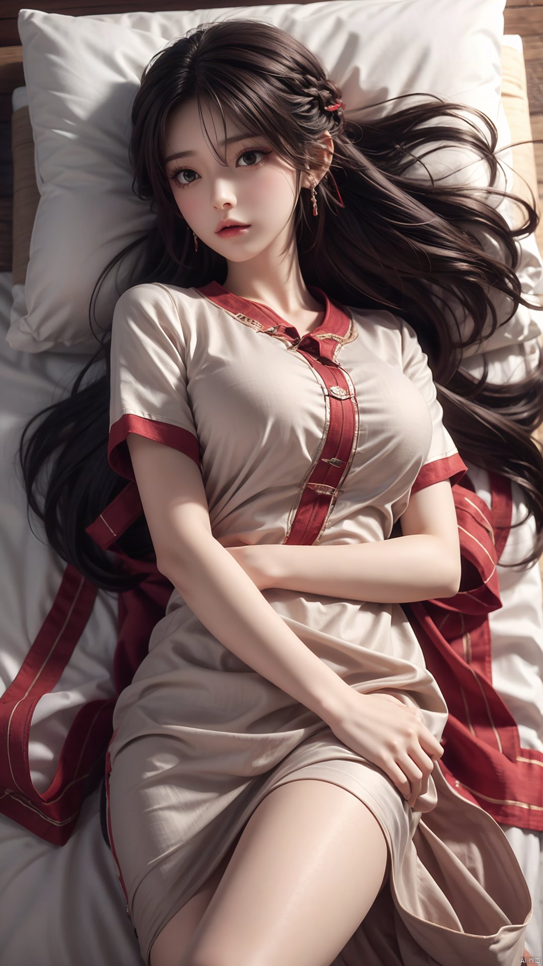  1girl, solo, long hair, breasts, looking at viewer, black hair, hair ornament, dress, jewelry, closed mouth, short sleeves, earrings, lying, bed, on back,