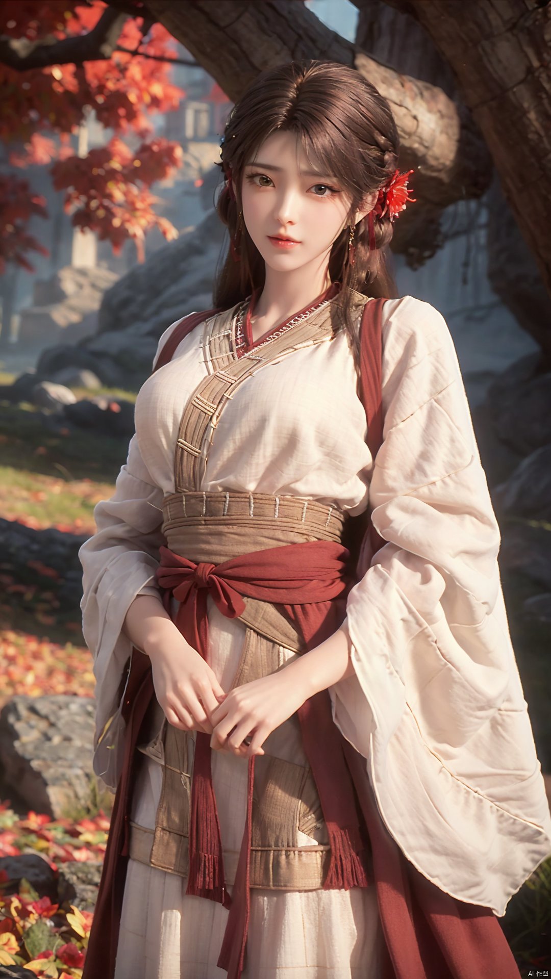 1girl, solo, brown hair, hair ornament, braid, long hair, wide sleeves, looking at viewer, brown eyes, jewelry, hair flower, long sleeves, sash, dress, mischevious smile, perfect body, scenery, sharp focus, best quality, masterpiece, detailed outfit, illustration, perfect eyes, finely detailed beautiful anime eyes, realistic skin, intricate details, best lighting, depth of field, ultra high resolution,cowboy_shot, dynamic pose, dynamic angle,