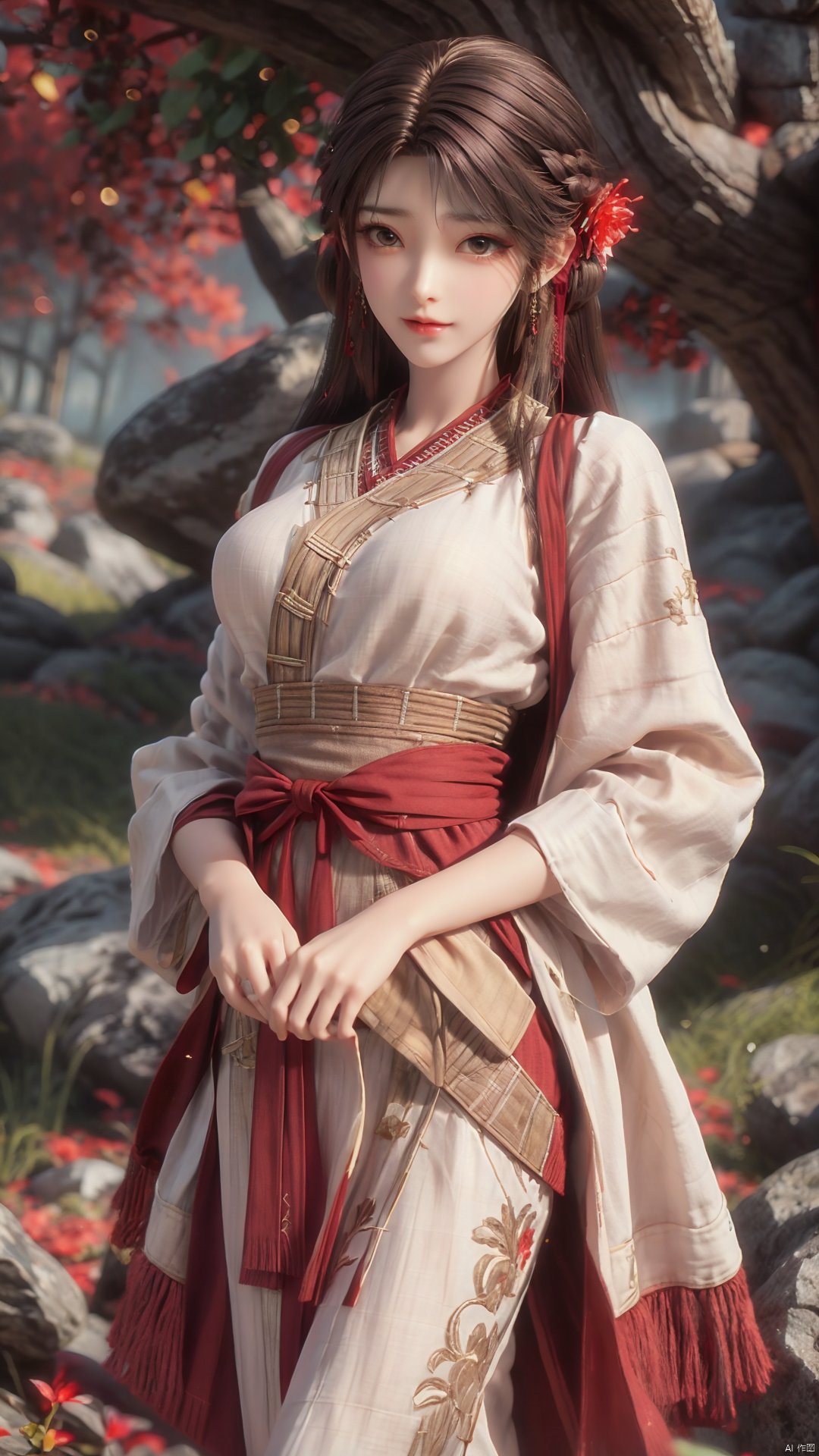 1girl, solo, brown hair, hair ornament, braid, long hair, wide sleeves, looking at viewer, brown eyes, jewelry, hair flower, long sleeves, sash, dress, mischevious smile, perfect body, scenery, sharp focus, best quality, masterpiece, detailed outfit, illustration, perfect eyes, finely detailed beautiful anime eyes, realistic skin, intricate details, best lighting, depth of field, ultra high resolution,cowboy_shot, dynamic pose, dynamic angle,