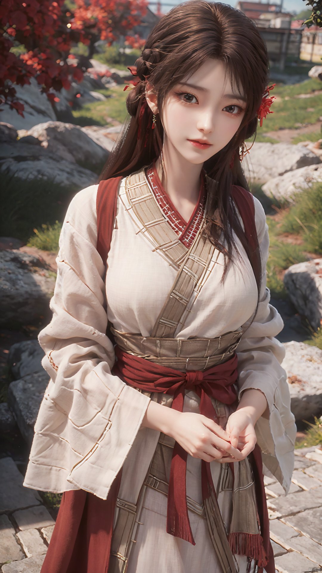 1girl, solo, brown hair, hair ornament, braid, long hair, wide sleeves, looking at viewer, brown eyes, jewelry, hair flower, long sleeves, sash, dress, mischevious smile, perfect body, scenery, sharp focus, best quality, masterpiece, detailed outfit, illustration, perfect eyes, finely detailed beautiful anime eyes, realistic skin, intricate details, best lighting, depth of field, ultra high resolution,cowboy_shot, dynamic pose, dynamic angle,