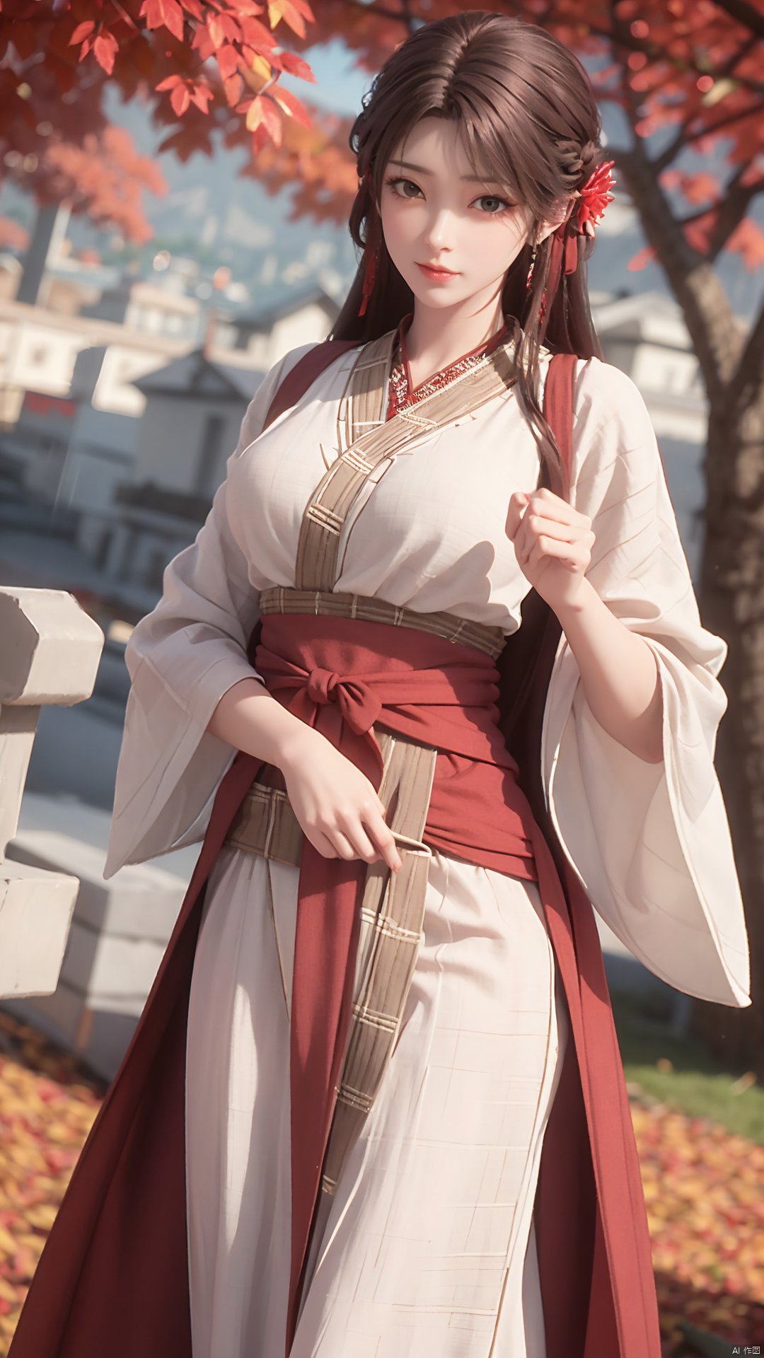 1girl, solo, brown hair, hair ornament, braid, long hair, wide sleeves, looking at viewer, brown eyes, jewelry, hair flower, long sleeves, sash, dress, mischevious smile, perfect body, scenery, sharp focus, best quality, masterpiece, detailed outfit, illustration, perfect eyes, finely detailed beautiful anime eyes, realistic skin, intricate details, best lighting, depth of field, ultra high resolution,cowboy_shot, dynamic pose, dynamic angle,