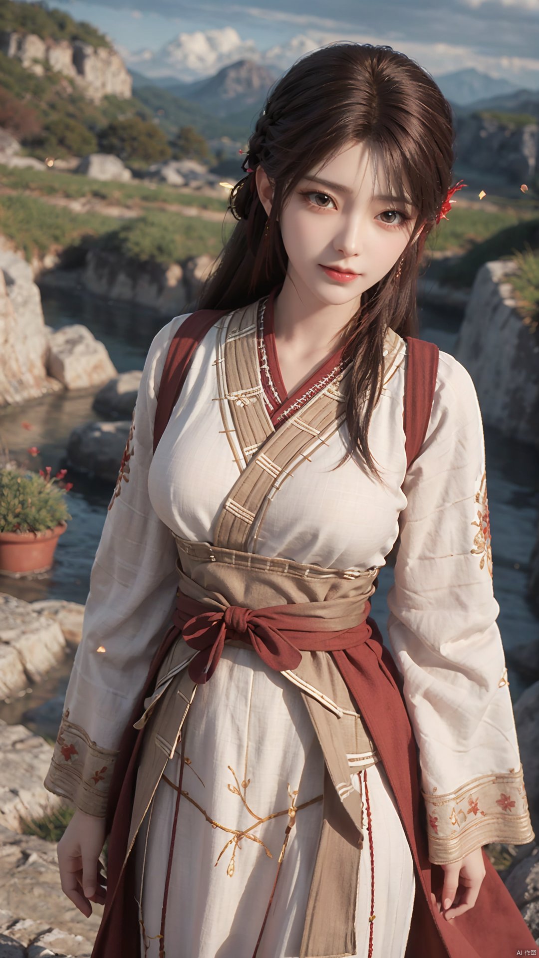 1girl, solo, brown hair, hair ornament, braid, long hair, wide sleeves, looking at viewer, brown eyes, jewelry, hair flower, long sleeves, sash, dress, mischevious smile, perfect body, scenery, sharp focus, best quality, masterpiece, detailed outfit, illustration, perfect eyes, finely detailed beautiful anime eyes, realistic skin, intricate details, best lighting, depth of field, ultra high resolution,cowboy_shot, dynamic pose, dynamic angle,