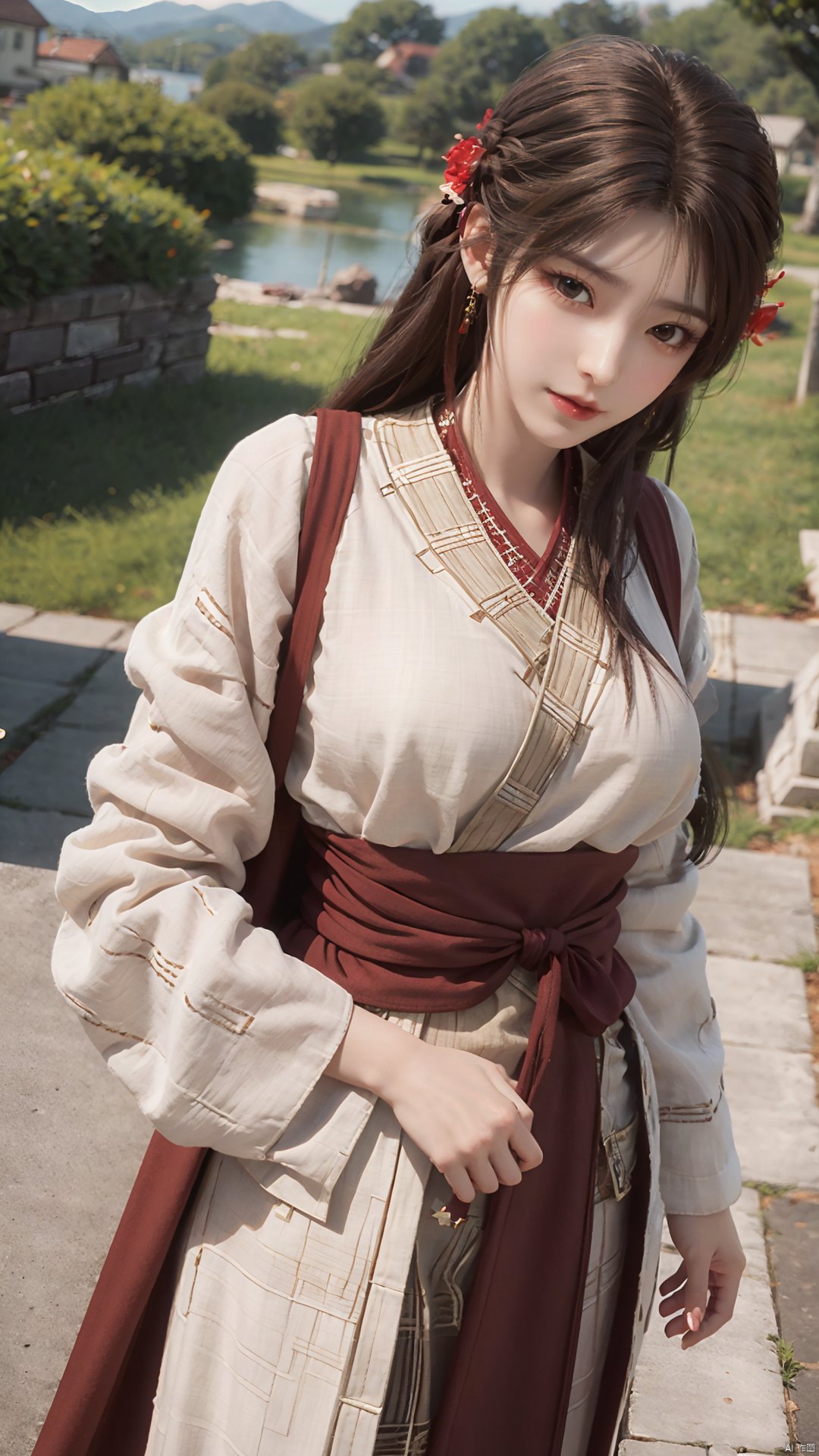 1girl, solo, brown hair, hair ornament, braid, long hair, wide sleeves, looking at viewer, brown eyes, jewelry, hair flower, long sleeves, sash, dress, mischevious smile, perfect body, scenery, sharp focus, best quality, masterpiece, detailed outfit, illustration, perfect eyes, finely detailed beautiful anime eyes, realistic skin, intricate details, best lighting, depth of field, ultra high resolution,cowboy_shot, dynamic pose, dynamic angle,