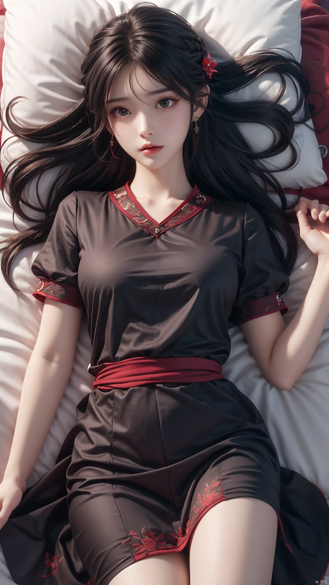  1girl, solo, long hair, breasts, looking at viewer, black hair, hair ornament, dress, jewelry, closed mouth, short sleeves, earrings, lying, bed, on back,