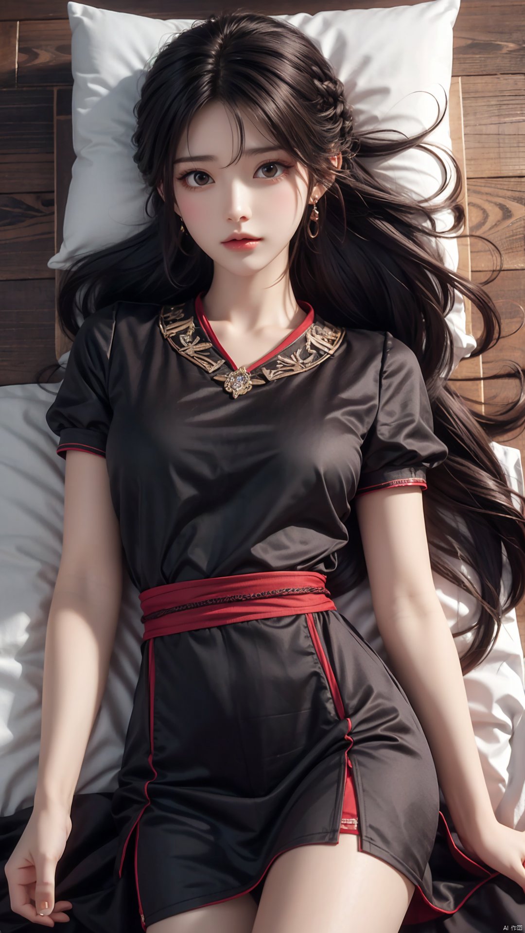  1girl, solo, long hair, breasts, looking at viewer, black hair, hair ornament, dress, jewelry, closed mouth, short sleeves, earrings, lying, bed, on back,