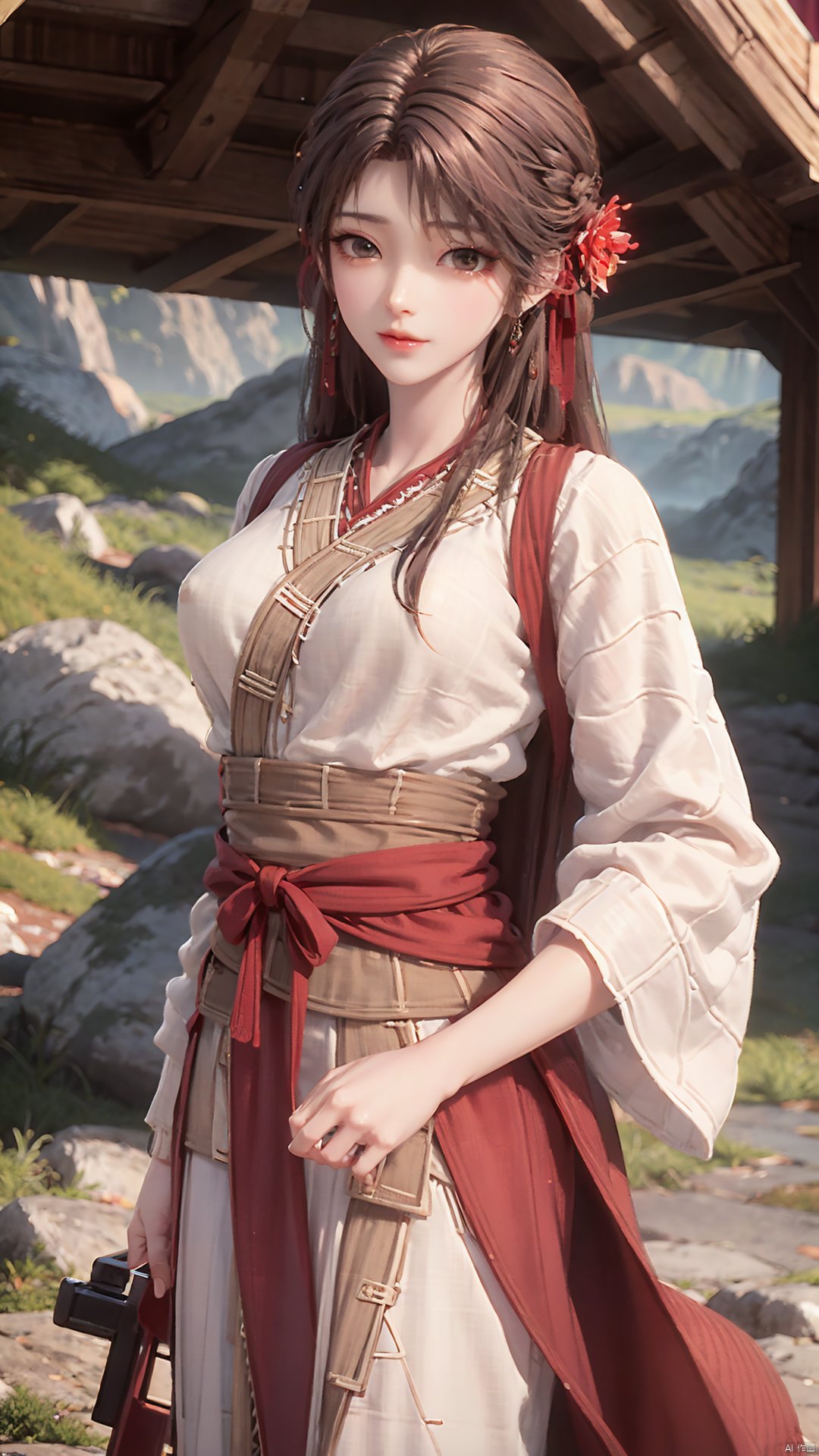 1girl, solo, brown hair, hair ornament, braid, long hair, wide sleeves, looking at viewer, brown eyes, jewelry, hair flower, long sleeves, sash, dress, mischevious smile, perfect body, scenery, sharp focus, best quality, masterpiece, detailed outfit, illustration, perfect eyes, finely detailed beautiful anime eyes, realistic skin, intricate details, best lighting, depth of field, ultra high resolution,cowboy_shot, dynamic pose, dynamic angle,