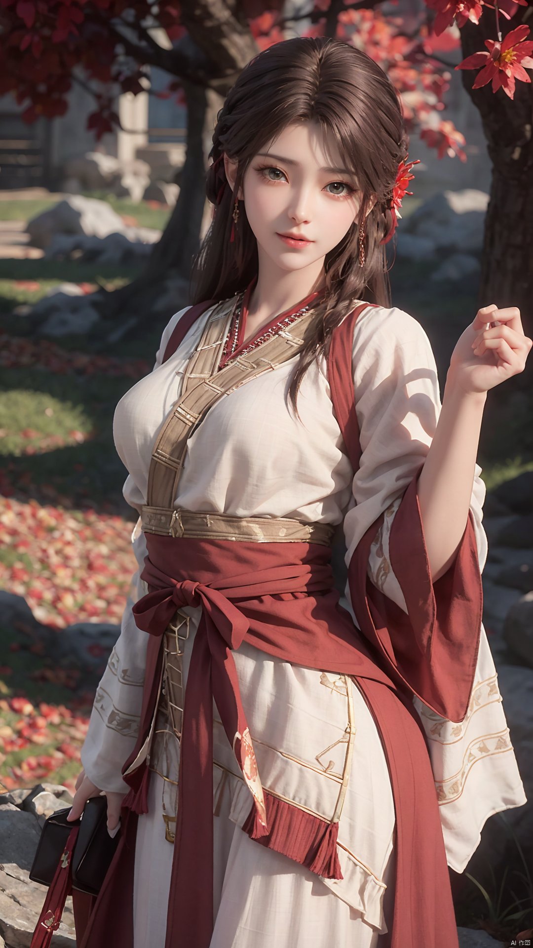 1girl, solo, brown hair, hair ornament, braid, long hair, wide sleeves, looking at viewer, brown eyes, jewelry, hair flower, long sleeves, sash, dress, mischevious smile, perfect body, scenery, sharp focus, best quality, masterpiece, detailed outfit, illustration, perfect eyes, finely detailed beautiful anime eyes, realistic skin, intricate details, best lighting, depth of field, ultra high resolution,cowboy_shot, dynamic pose, dynamic angle,