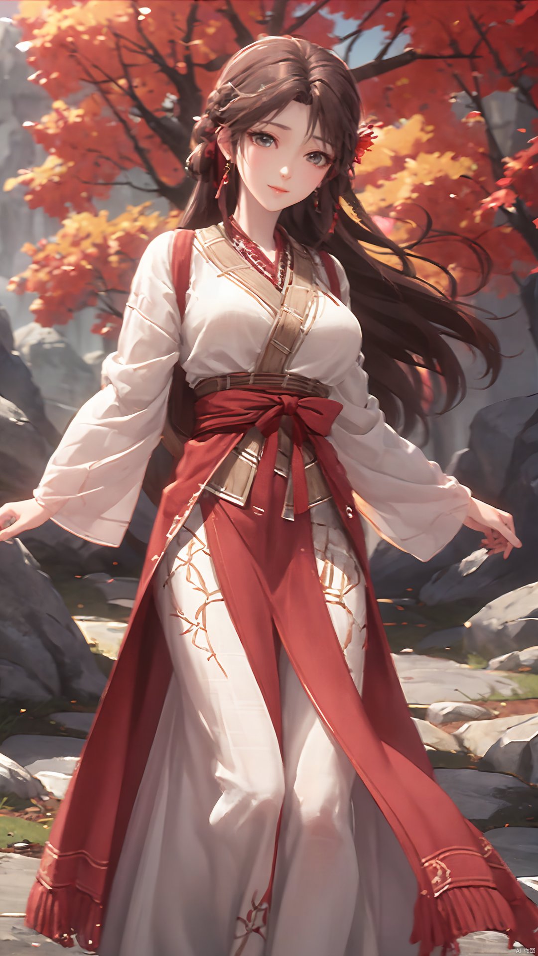 1girl, solo, brown hair, hair ornament, braid, long hair, wide sleeves, looking at viewer, brown eyes, jewelry, hair flower, long sleeves, sash, dress, mischevious smile, perfect body, scenery, sharp focus, best quality, masterpiece, detailed outfit, illustration, perfect eyes, finely detailed beautiful anime eyes, realistic skin, intricate details, best lighting, depth of field, ultra high resolution,cowboy_shot, dynamic pose, dynamic angle,