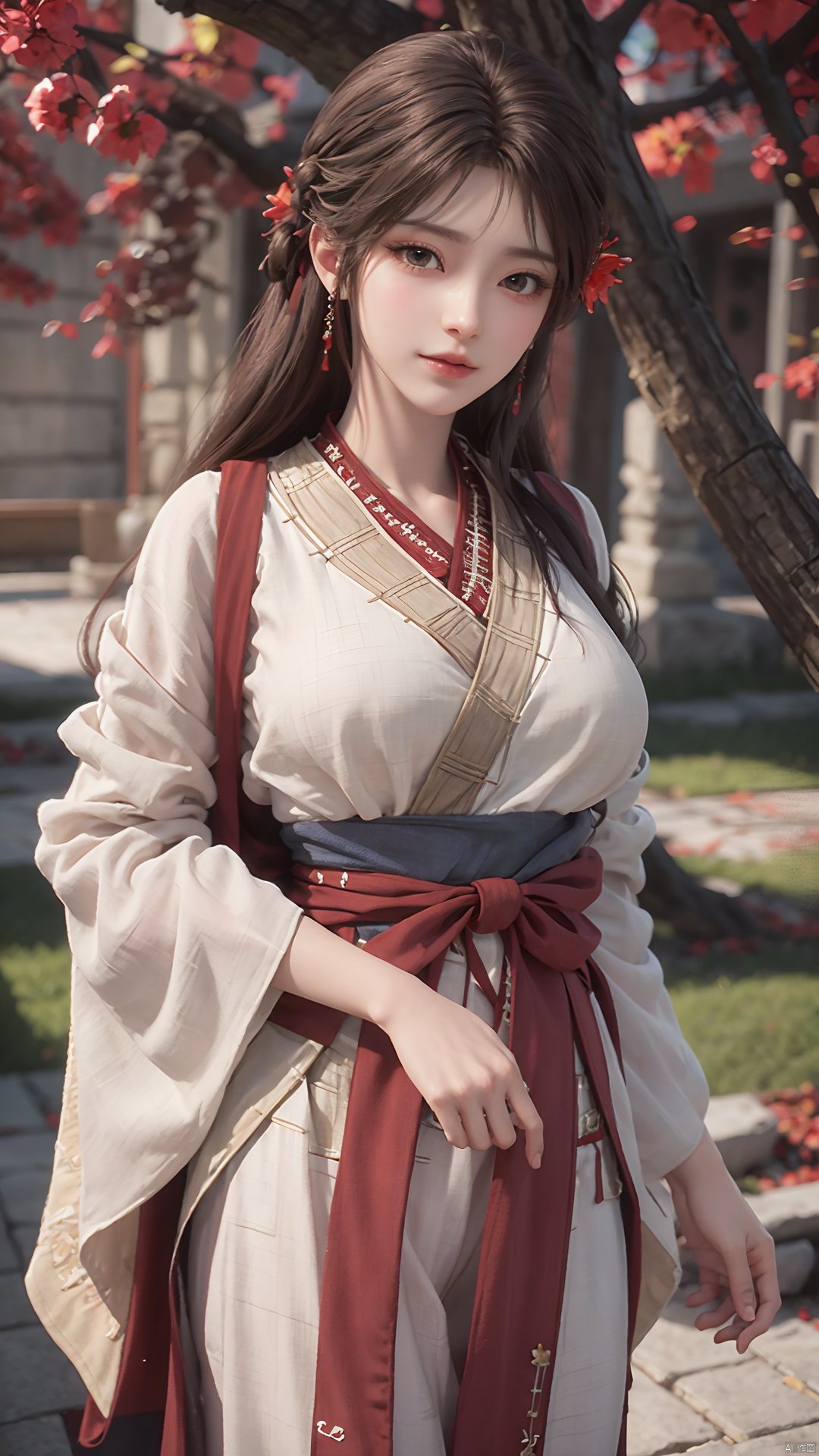 1girl, solo, brown hair, hair ornament, braid, long hair, wide sleeves, looking at viewer, brown eyes, jewelry, hair flower, long sleeves, sash, dress, mischevious smile, perfect body, scenery, sharp focus, best quality, masterpiece, detailed outfit, illustration, perfect eyes, finely detailed beautiful anime eyes, realistic skin, intricate details, best lighting, depth of field, ultra high resolution,cowboy_shot, dynamic pose, dynamic angle,