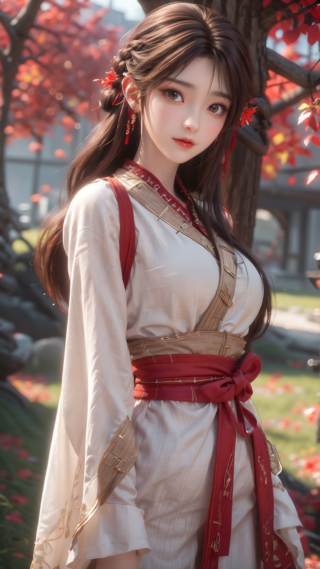 1girl, solo, brown hair, hair ornament, braid, long hair, wide sleeves, looking at viewer, brown eyes, jewelry, hair flower, long sleeves, sash, dress, mischevious smile, perfect body, scenery, sharp focus, best quality, masterpiece, detailed outfit, illustration, perfect eyes, finely detailed beautiful anime eyes, realistic skin, intricate details, best lighting, depth of field, ultra high resolution,cowboy_shot, dynamic pose, dynamic angle,