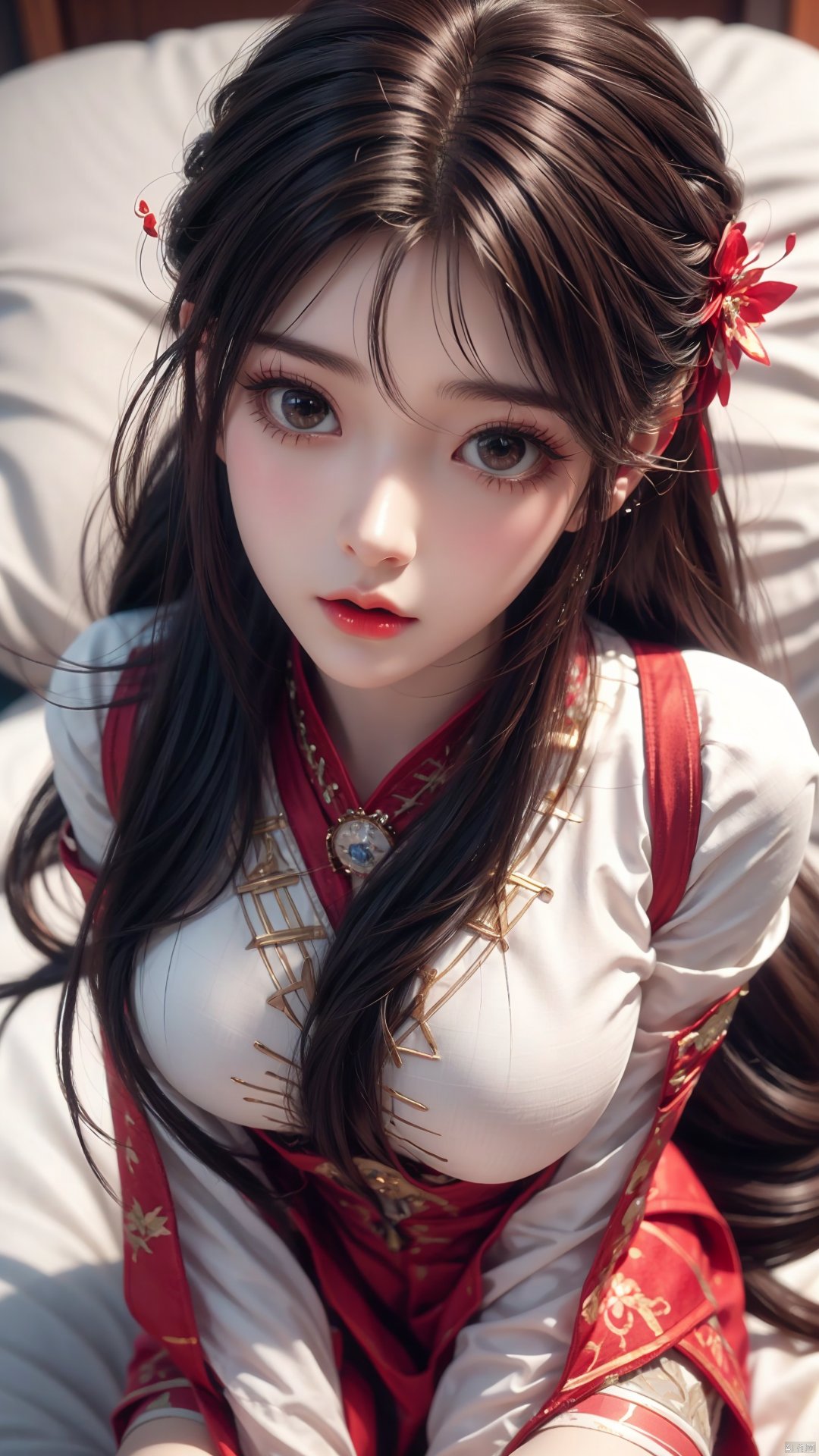  1girl, long hair, thighhighs, lying, perfect body, scenery, sharp focus, best quality, masterpiece, detailed outfit, illustration, perfect eyes, finely detailed beautiful anime eyes, realistic skin, intricate details, best lighting, depth of field, ultra high resolution, bed, from above