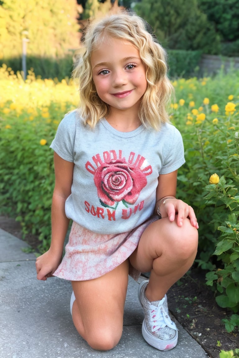 starlet, 9 year old, blonde hair, detailed face, smile, realistic skin, holding a rose, wearing faded T-shirt, short skirt, knee-high socks, sneakers, background blooming garden, 8k uhd, dslr, natural lighting, high quality, realistic