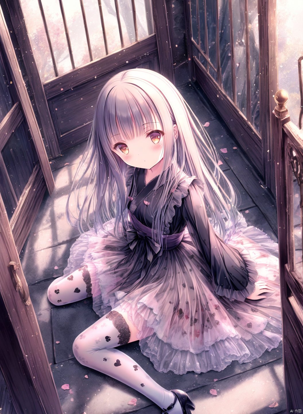 tinkle, loli, 1girl,  blush, full body , layered dress, high heels, print pantyhose, long sleeves, translucent dress, see-through, shamed, :o,  thighhighs, fantasy background, certain, window, closed mouth, black dress, kimono, leaning, gate, hair on floor, alice in wonderland,
masterpiece, best quality,