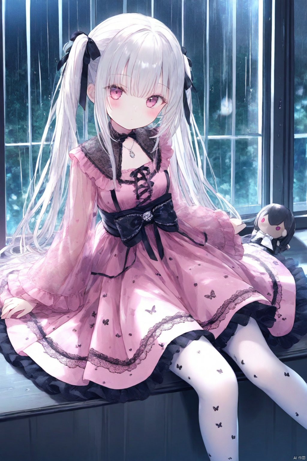 1girl, loli, blush, long hair, white hair, straight hair, twintails, pink dress,
gothic lolita, lolita dress, see-through, wide sleeves, medium breasts, bow, layered dress, lace, necklace, ribbon,
white pantyhose, print pantyhose,
sitting, looking at viewer, full body, expressionless, 
indoors, big window, sash, moonlight, rain, 
onnk, [butterfly:0.8],
masterpiece, best quality, blurry background, depth of field, , tinkle, doll