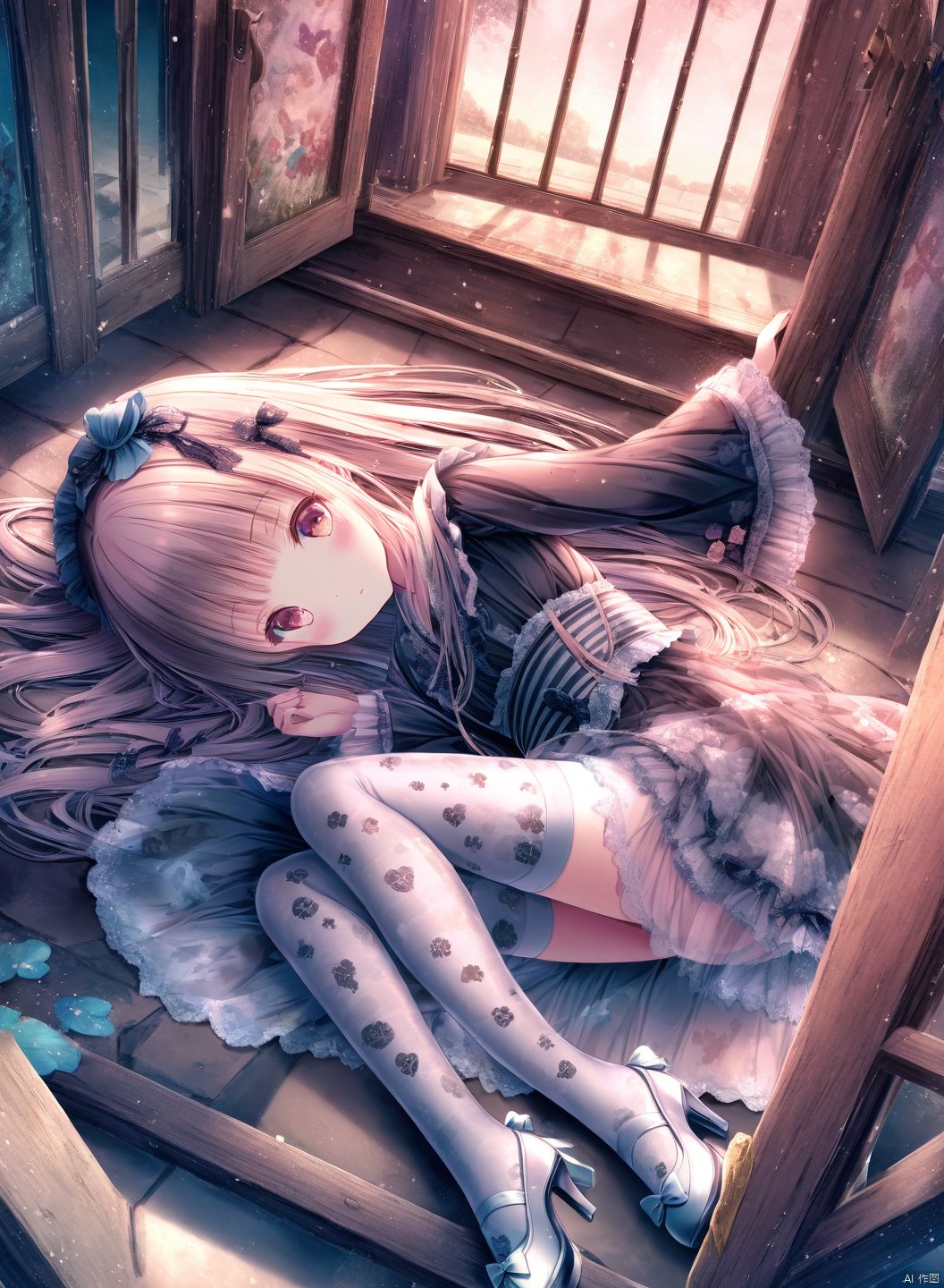 tinkle, loli, 1girl,  blush, full body , layered dress, high heels, print pantyhose, long sleeves, translucent dress, see-through, shamed, :o,  thighhighs, fantasy background, certain, window, closed mouth, black dress, kimono, leaning, gate, hair on floor, alice in wonderland,
masterpiece, best quality,