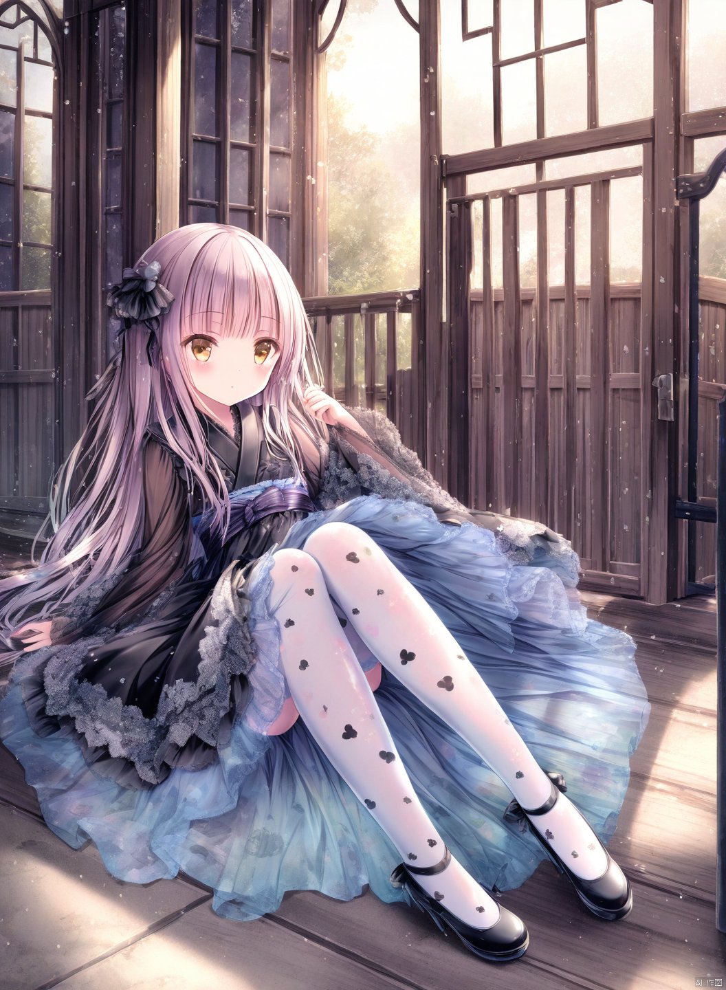 tinkle, loli, 1girl,  blush, full body , layered dress, high heels, print pantyhose, long sleeves, translucent dress, see-through, shamed, :o,  thighhighs, fantasy background, certain, window, closed mouth, black dress, kimono, leaning, gate, hair on floor, alice in wonderland,
masterpiece, best quality,