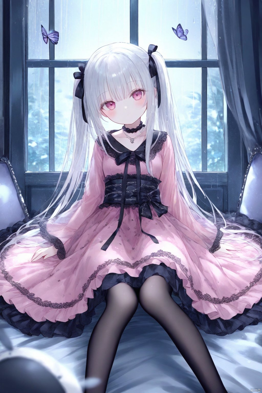 1girl, loli, blush, long hair, white hair, straight hair, twintails, pink dress,
gothic lolita, lolita dress, see-through, wide sleeves, medium breasts, bow, layered dress, lace, necklace, ribbon,
black pantyhose,
sitting, looking at viewer, full body, expressionless, 
indoors, big window, sash, moonlight, rain, 
onnk, [butterfly:0.8],
masterpiece, best quality, blurry background, depth of field, , tinkle, doll