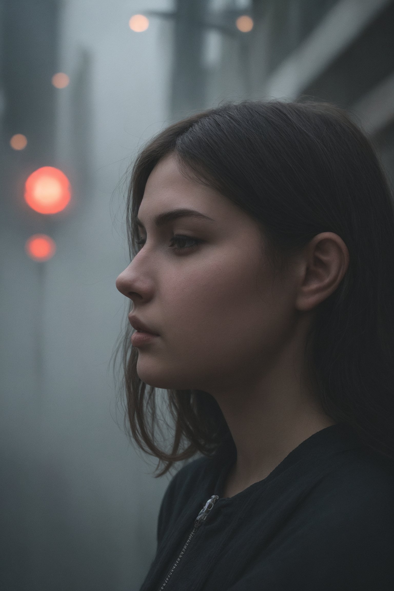 city street, neon, fog, volumetric, closeup portrait photo of young woman in dark clothes