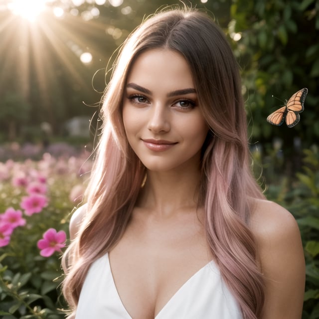 Photograph of a beautiful woman, thight pink tantop, soft smile, long hair, eyes, photorealism, garden butterflies, Lens Flares